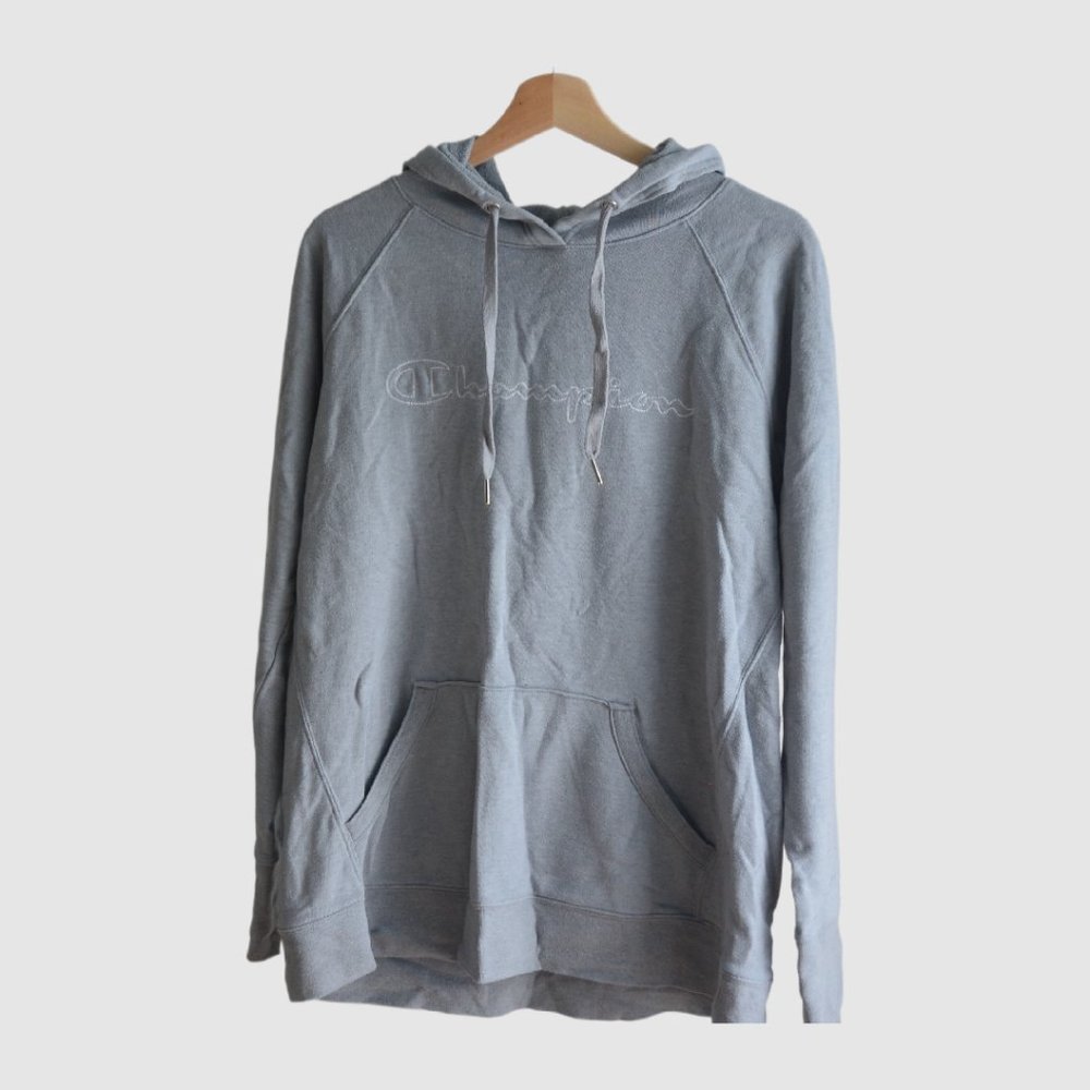 Champion Hoodie Script Logo – Light Grey, Size L, Comfortable & Casual